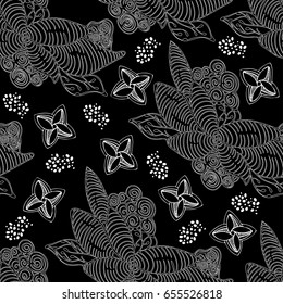Black and white hand drawn zentangle seamless pattern with abstract floral  elements. Vintage ornament for cards, invitation, wallpapers, pattern fills, textile.
