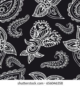 Black and white hand drawn zentangle seamless pattern with abstract floral  elements. Vintage ornament for cards, invitation, wallpapers, pattern fills, textile.