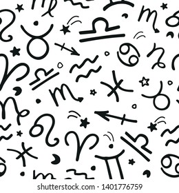 Black and white hand drawn zodiac symbols pattern