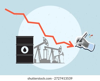 Una mano en blanco y negro dibuja una flecha roja que cae contra el fondo de un barril de plataformas petrolíferas. El concepto de caída de los Precios petroleros. Estilo moderno del collage de la foto. Ilustración vectorial