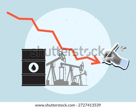 A black and white hand draws a falling red arrow against the background of a barrel of oil and oil rigs. The concept of falling oil prices. Modern photo collage style. Vector illustration