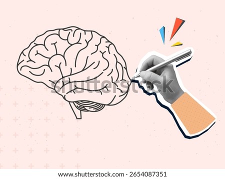 A black and white hand draws a humans brain. Modern photo collage style. Vector illustration