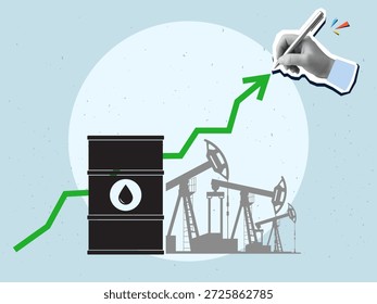 A black and white hand draws a rising green arrow against the background of a barrel of oil and oil rigs. The concept of rising oil prices. Modern photo collage style. Vector illustration