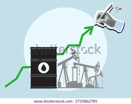 A black and white hand draws a rising green arrow against the background of a barrel of oil and oil rigs. The concept of rising oil prices. Modern photo collage style. Vector illustration