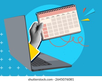 A black and white hand extending calendar from laptop screen. Modern photo collage style. Vector illustration
