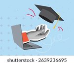 Black and white 
hand extending from laptop screen tosses college cap. Degree ceremony concept. Online education. Modern collage style. Vector illustration