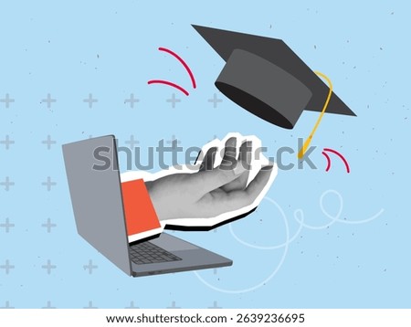 Black and white 
hand extending from laptop screen tosses college cap. Degree ceremony concept. Online education. Modern collage style. Vector illustration