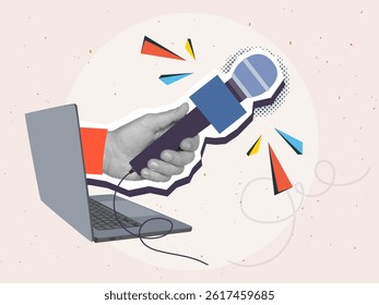 Black and white hand extends a microphone from a laptop monitor. Modern photo collage style. Vector illustration