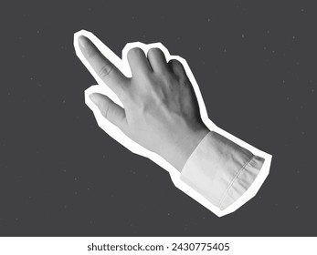 Black and white hand gesture point to, click or tap - cut out element for collage. Vector illustration