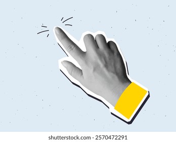 Black and white hand gesture point to, click or tap - cut out element for collage. Modern photo collage style. Vector illustration