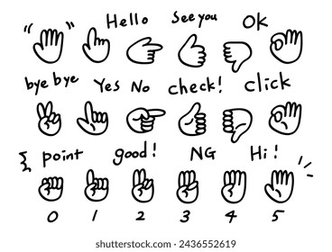 Black and white hand gestures icon set. Hand drawn vector illustration. Various cute shapes. White background.