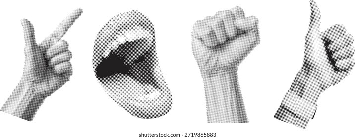 Conjunto de gestos de mano en blanco y negro y expresión de boca abierta, símbolos de comunicación humana realistas que muestran señalar, gritar, puñetazos y pulgares hacia arriba para el diseño conceptual y la narración visual.