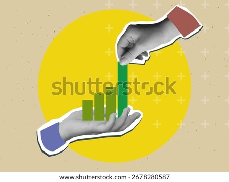 Black and white hand helps to grow graph in other hand. Modern collage style. Vector illustration