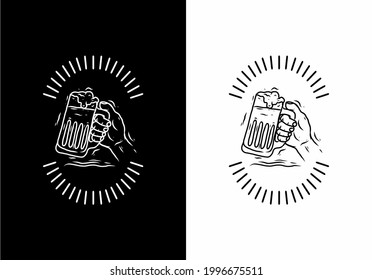 Black and white of hand holding beer badge design