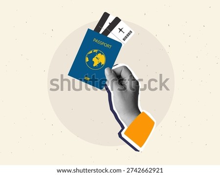 Black and white hand holding blue passport with airline tickets. Travel concept. Modern collage style. Vector illustration