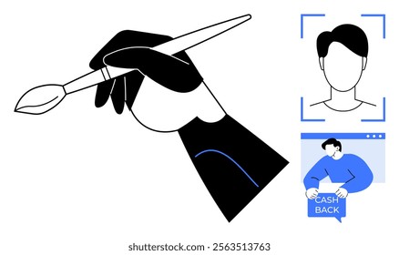 Black and white hand holding a brush, a digital profile icon and a cash back symbol. Ideal for graphic design, digital identity, online transactions, financial services, contemporary art. Simplistic