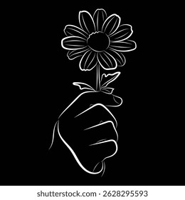 Black and White Hand Holding Daisy Flower Line Art Illustration