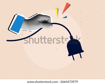Black and white hand holding an electric plug. Modern collage style. Vector illustration