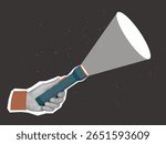 Black and white hand holding a Flashlight with beam of light. Modern collage style. Vector illustration