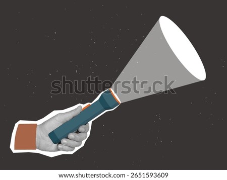 Black and white hand holding a Flashlight with beam of light. Modern collage style. Vector illustration