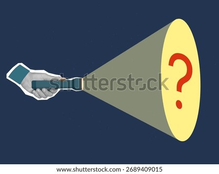 Black and white hand holding a Flashlight with beam of light with a question mark in it. Modern collage style. Vector illustration