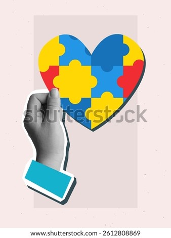 Black and white hand holding a heart-shape colorful puzzle - symbol of world Autism Awareness day. Modern photo collage style. Vector illustration