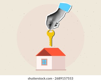 Mão branca e preta segurando a chave da casa.  Estilo de colagem moderno. Ilustração vetorial