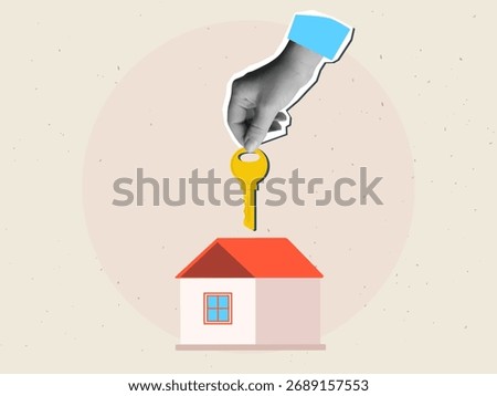Black and white hand holding a key from house.  Modern collage style. Vector illustration