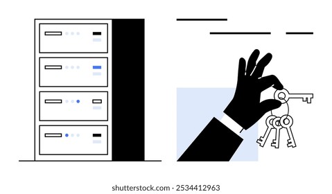 Mano en blanco y negro sosteniendo las llaves junto a un bastidor de servidores. Ideal para temas de ciberseguridad, protección de datos, control de acceso, gestión de TI y seguridad digital. Estilo de Vector minimalista