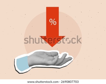 A black and white hand holding a large downward-pointing arrow with a percentage sign. Concept of interest rate reduction. Modern collage style. Vector illustration