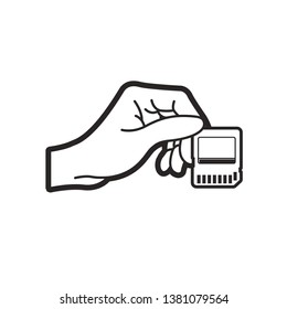 black and white hand holding memory chip or card isolated on white vector drawing