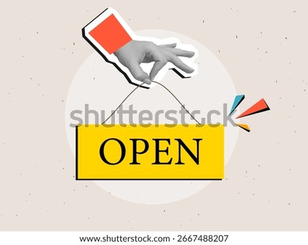 Black and white hand holding Open sign. Modern collage style. Vector illustration