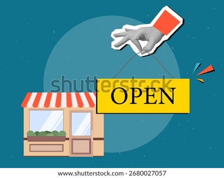 Black and white hand holding Open sign beside the small cafe or shop building. Modern collage style. Vector illustration