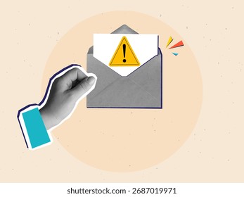 Mano en blanco y negro sosteniendo un sobre abierto con una carta peligrosa. Concepto de mensaje de spam. Estilo de collage moderno. Ilustración vectorial