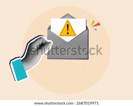 Black and white hand holding opened envelope with a dangerous letter. Concept of spam message. Modern collage style. Vector illustration