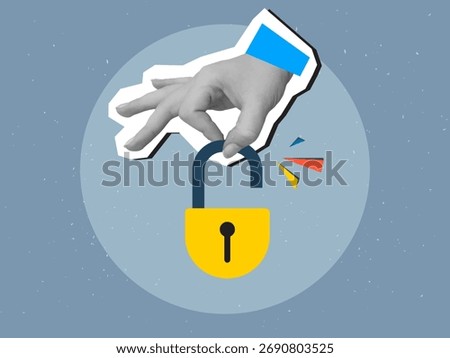 Black and white hand holding an opened padlock. Modern photo collage style. Vector illustration