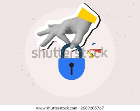 Black and white hand holding a padlock. Security and privacy concept. Modern photo collage style. Vector illustration