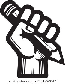 Black and white hand holding pencil vector icon illustration.