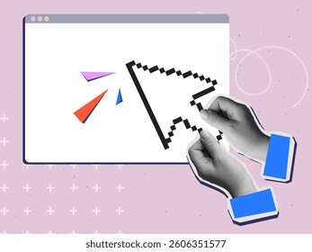 Black and white hand holding a pixel cursor pointing to browser window. Modern collage style. Vector illustration