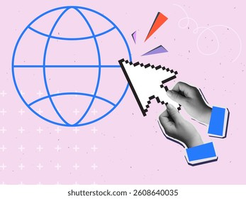Black and white hand holding a pixel cursor pointing to sign of global internet. Modern collage style. Vector illustration