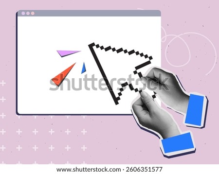 Black and white hand holding a pixel cursor pointing to browser window. Modern collage style. Vector illustration