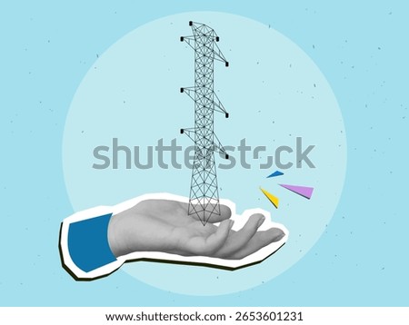 Black and white hand holding a power line. Modern collage style. Vector illustration