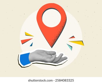 Black and white hand holding a red location pin. Modern collage style. Vector illustration