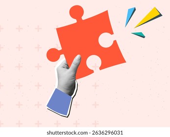 A black and white hand holding a red puzzle piece. Modern photo collage style. Vector illustration