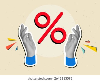 Black and white hand holding a red percent sign. Modern collage style. Vector illustration