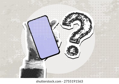 Black and white hand holding ringing phone with question mark notification on screen. Concept of fraudulent phone calls and messages. Modern collage style. Vector illustration

