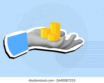 Black and white hand holding a stacks of gold coins. Modern photo collage style. Vector illustration