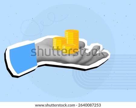 Black and white hand holding a stacks of gold coins. Modern photo collage style. Vector illustration