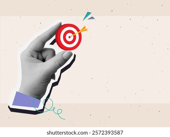 Black and white hand holding a target with a dart in a center. Modern photo collage style. Vector illustration