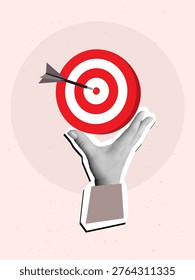 Black and white hand holding a target with a dart in a center. Modern photo collage style. Vector illustration